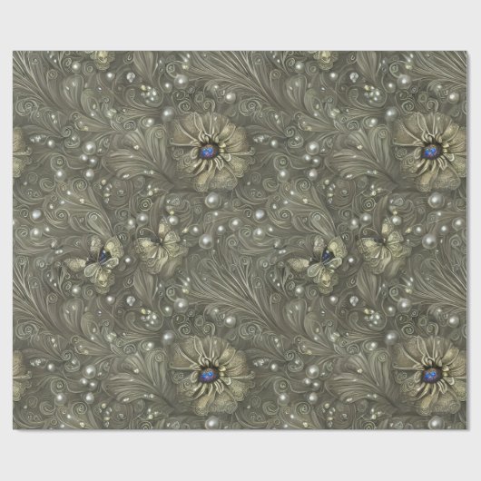 Elegant zilverachtig grijs, blauw & ivoor bloemen  cadeaupapier (Vlak)