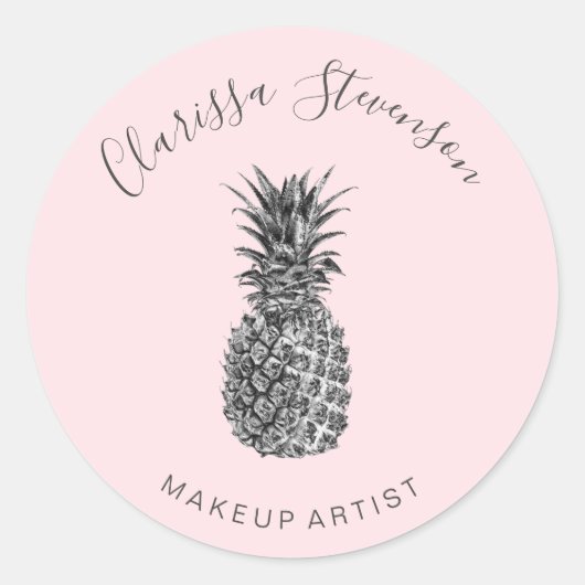 Elegant  zilveranananas roze make-up ronde sticker (Voorkant)