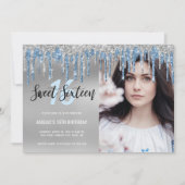 Elegant zilverblauw glitter drupt zestien zoete si kaart (Voorkant)