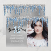 Elegant zilverblauw glitter drupt zestien zoete si kaart (Voorkant / Achterkant)