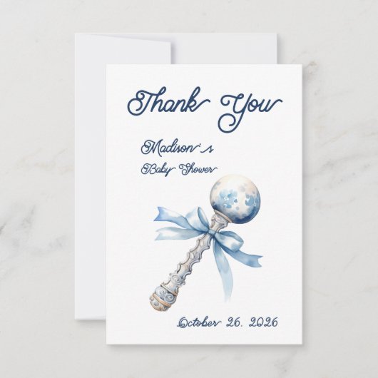 Elegant Zilverblauw Rattle Bow Baby shower Bedankkaart (Voorkant)
