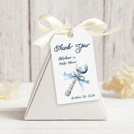 Elegant Zilverblauw Rattle Bow Baby shower Cadeaulabel
