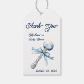 Elegant Zilverblauw Rattle Bow Baby shower Cadeaulabel (Voorkant)