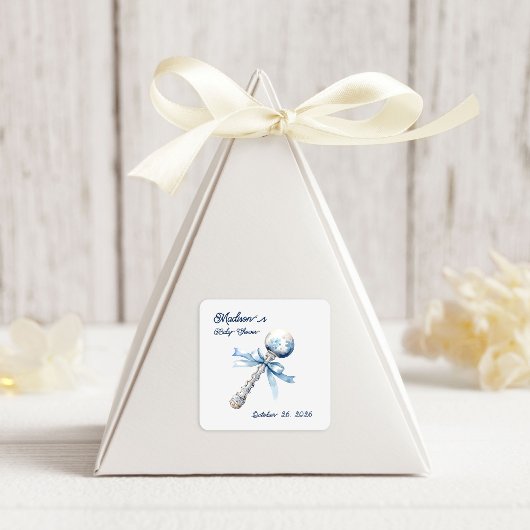 Elegant Zilverblauw Rattle Bow Baby shower Vierkante Sticker