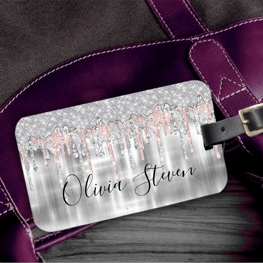 Elegant zilverdruppelglitter monogram bagage t la bagagelabel