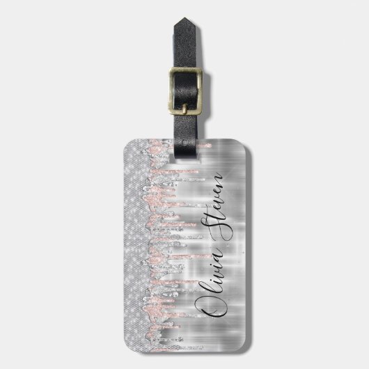 Elegant zilverdruppelglitter monogram bagage t la bagagelabel (Voorkant verticaal)