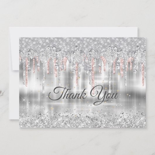 Elegant zilverdruppelglittermonogram bedankkaart (Voorkant)