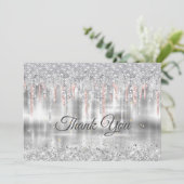 Elegant zilverdruppelglittermonogram bedankkaart (Staand voorkant)