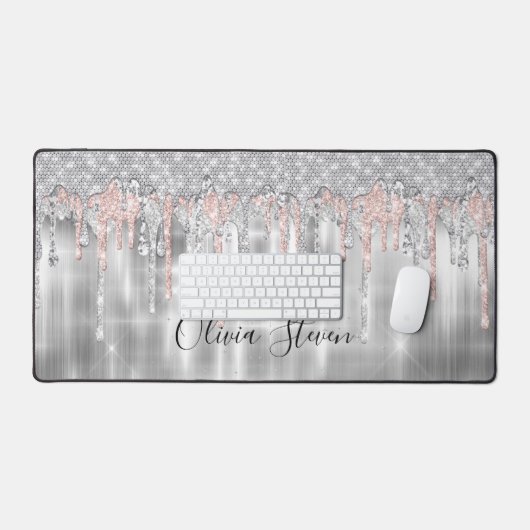 Elegant zilverdruppelglittermonogram bureaumat (Keyboard & Muis)