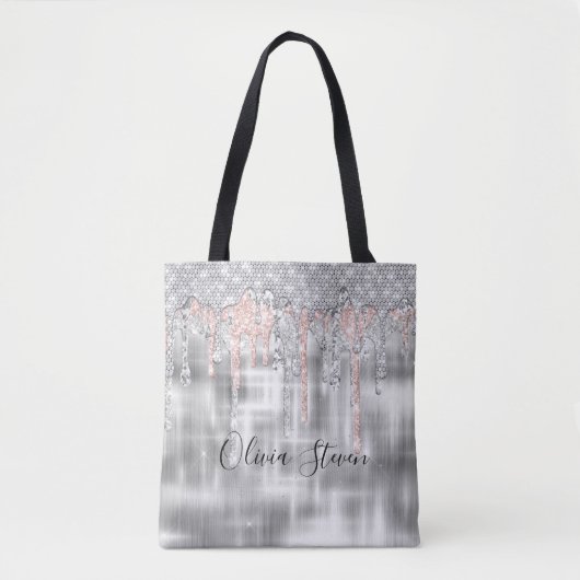 Elegant zilverdruppelglittermonogram tote bag (Voorkant)
