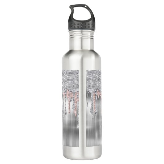 Elegant zilverdruppelglittermonogram waterfles (Achterkant)