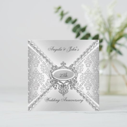 Elegant Zilveren 25e Hochte Dag Jubileum Damast Kaart (Staand voorkant)