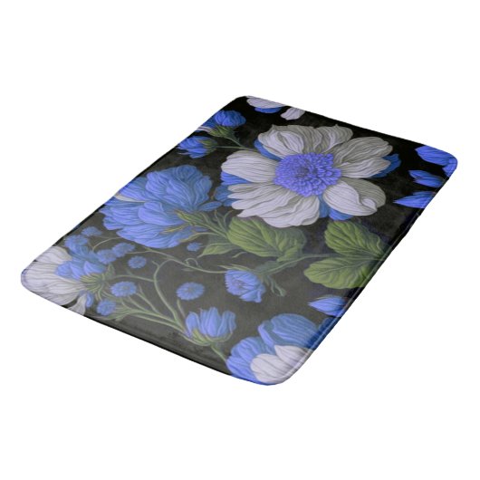 Elegant zilveren blauw wit elegante retro bloemen badmat (Gekanteld)