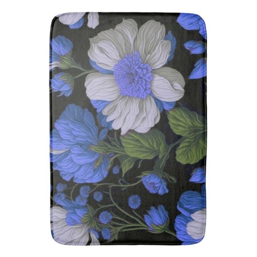 Elegant zilveren blauw wit elegante retro bloemen badmat (Voorkant Verticaal)