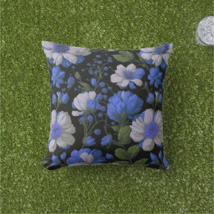 Elegant zilveren blauw wit elegante retro bloemen buitenkussen