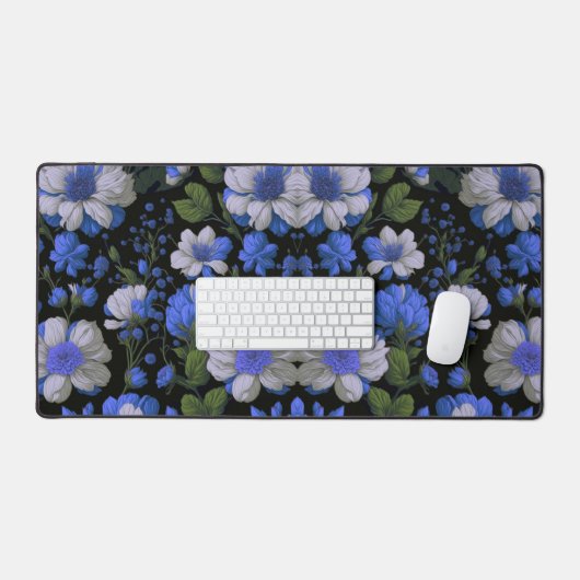 Elegant zilveren blauw wit elegante retro bloemen bureaumat (Keyboard & Muis)