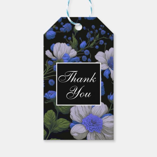 Elegant zilveren blauw wit elegante retro bloemen cadeaulabel (Voorkant)