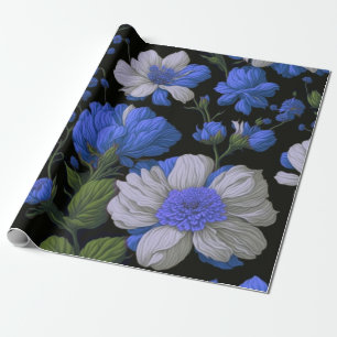 Elegant zilveren blauw wit elegante retro bloemen cadeaupapier