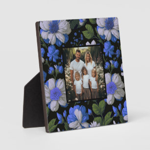 Elegant zilveren blauw wit elegante retro bloemen fotoplaat