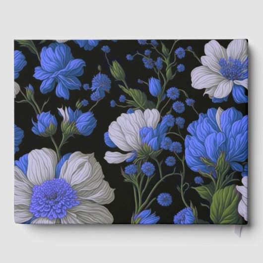 Elegant zilveren blauw wit elegante retro bloemen gastenboek (Achterkant)