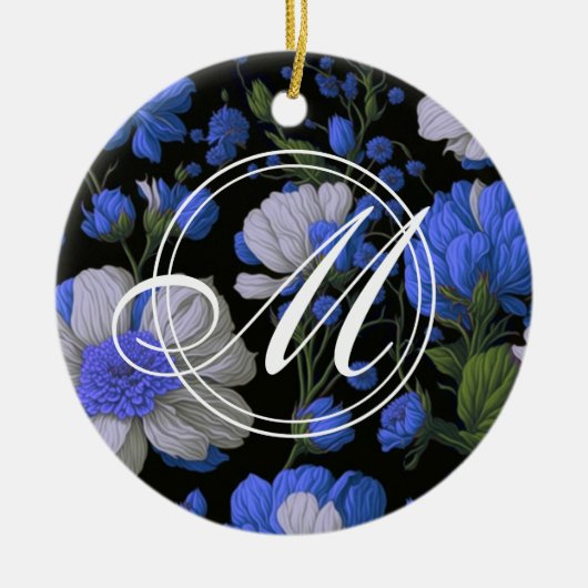 Elegant zilveren blauw wit elegante retro bloemen keramisch ornament (Voorkant)