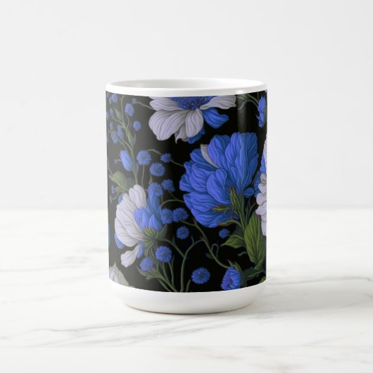 Elegant zilveren blauw wit elegante retro bloemen koffiemok (Center)