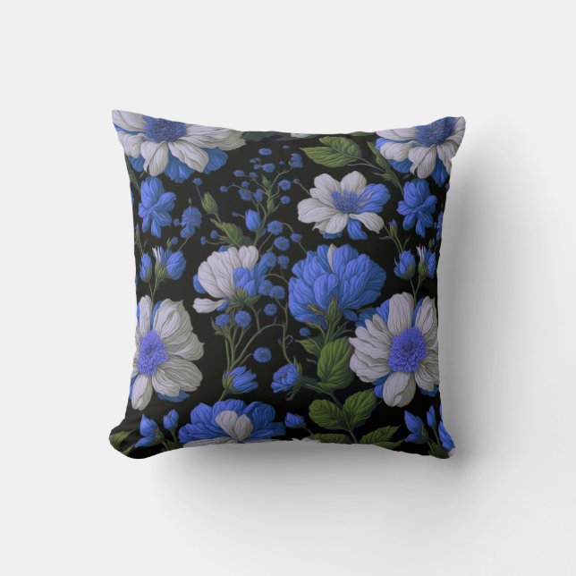 Elegant zilveren blauw wit elegante retro bloemen kussen (Voorkant)