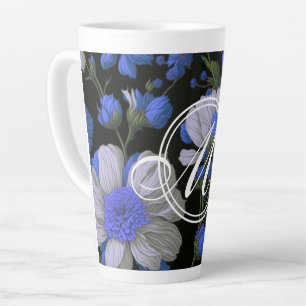 Elegant zilveren blauw wit elegante retro bloemen latte mok