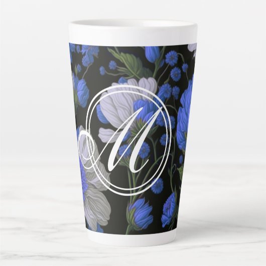 Elegant zilveren blauw wit elegante retro bloemen latte mok (Voorkant)