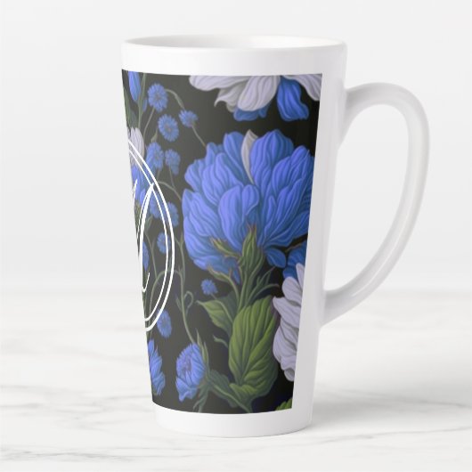 Elegant zilveren blauw wit elegante retro bloemen latte mok (Rechts)