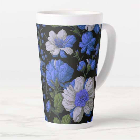 Elegant zilveren blauw wit elegante retro bloemen latte mok (Rechterhoek)