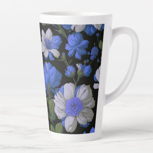 Elegant zilveren blauw wit elegante retro bloemen latte mok (Rechts)