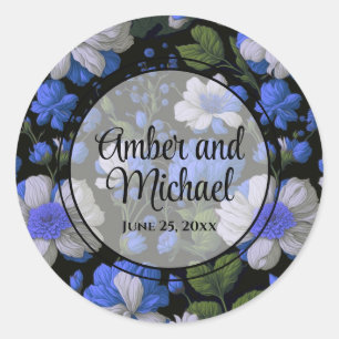 Elegant zilveren blauw wit elegante retro bloemen ronde sticker