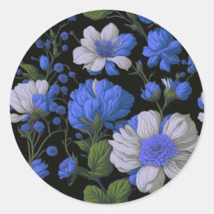Elegant zilveren blauw wit elegante retro bloemen ronde sticker