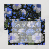 Elegant zilveren blauw wit elegante retro bloemen RSVP kaartje (Voorkant / Achterkant)