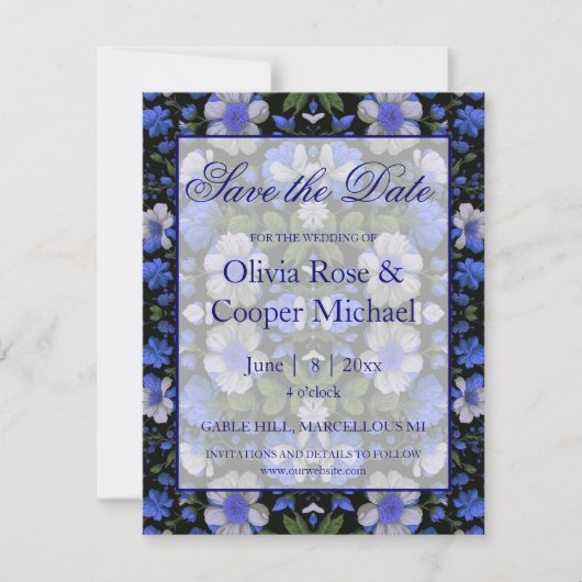 Elegant zilveren blauw wit elegante retro bloemen save the date (Voorkant)