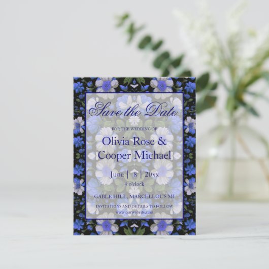 Elegant zilveren blauw wit elegante retro bloemen save the date (Staand voorkant)