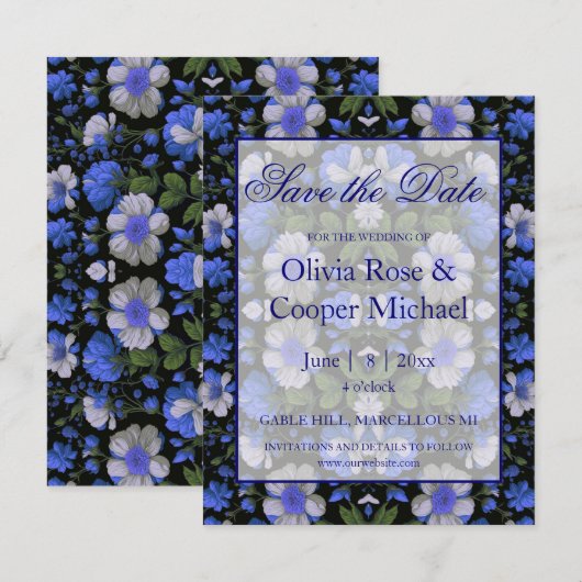 Elegant zilveren blauw wit elegante retro bloemen save the date (Voorkant / Achterkant)
