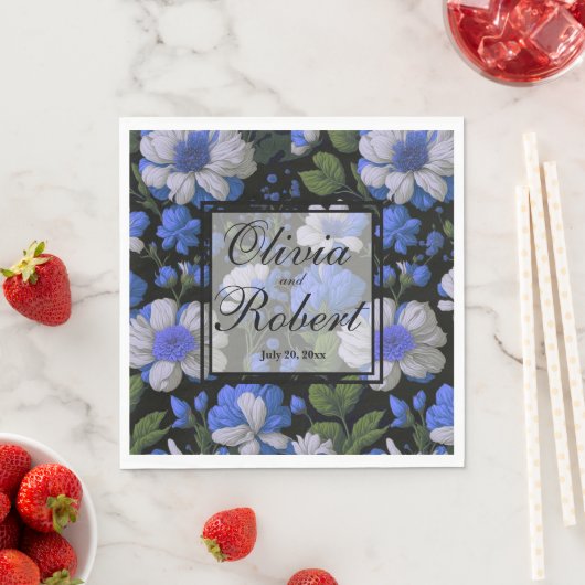 Elegant zilveren blauw wit elegante retro bloemen servet (Insitu)