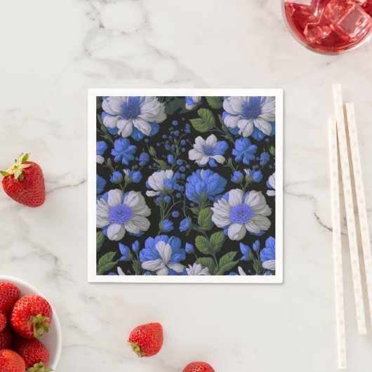 Elegant zilveren blauw wit elegante retro bloemen servet (Insitu)