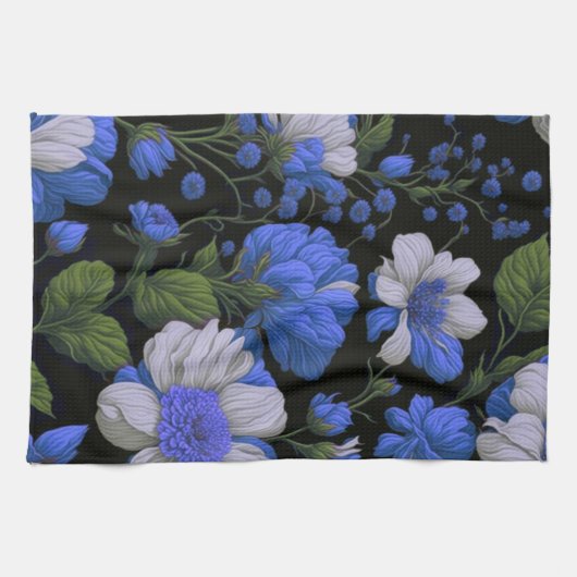 Elegant zilveren blauw wit elegante retro bloemen theedoek (Horizontaal)