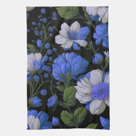 Elegant zilveren blauw wit elegante retro bloemen theedoek (Verticaal)
