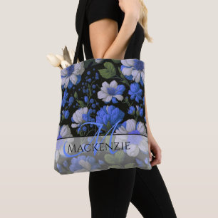 Elegant zilveren blauw wit elegante retro bloemen tote bag