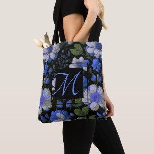 Elegant zilveren blauw wit elegante retro bloemen tote bag