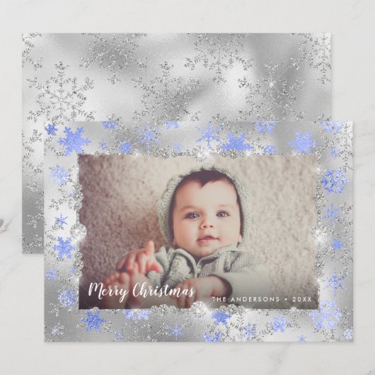 Elegant zilveren blauwe sneeuwvlokken, aangepaste  feestdagenkaart (Voorkant / Achterkant)