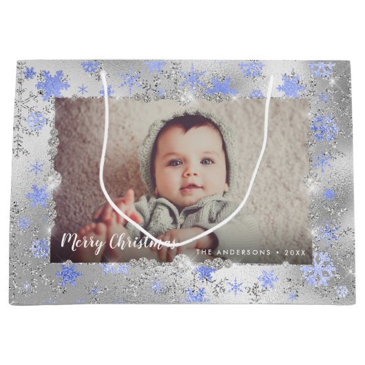 Elegant zilveren blauwe sneeuwvlokken, aangepaste  groot cadeauzakje (Voorkant)