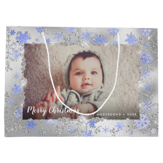 Elegant zilveren blauwe sneeuwvlokken, aangepaste  groot cadeauzakje (Achterkant)