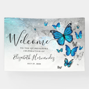 Elegant zilveren blauwe vlinder welkomstfeest spandoek