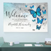 Elegant zilveren blauwe vlinder welkomstfeest spandoek (Beurs)