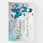 Elegant zilveren blauwe vlinder welkomstfeest spandoek (Verticaal)